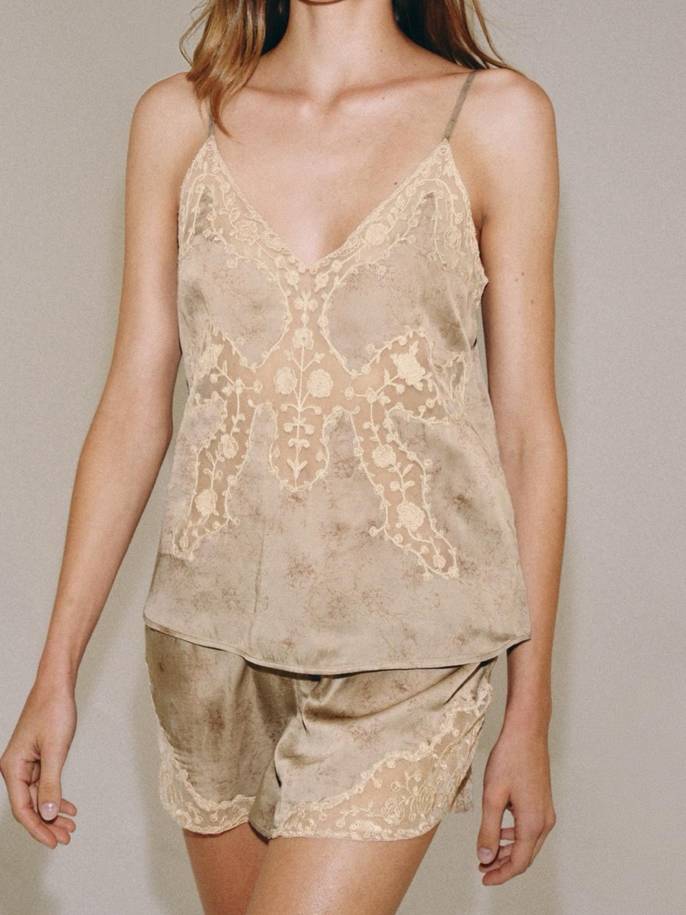 Zara Satin Lace-Trim Lounge Shorts - Taupe